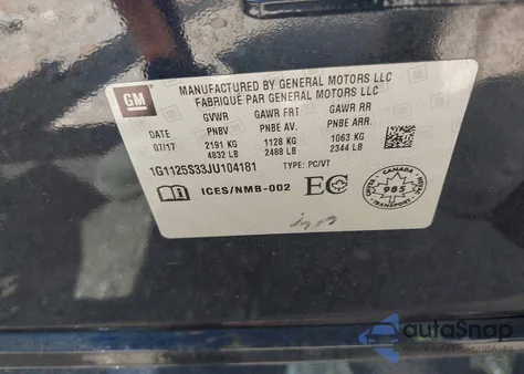 2018 Chevrolet Impala 2Lz из США, поврежденный, VIN 1G1125S33JU104181